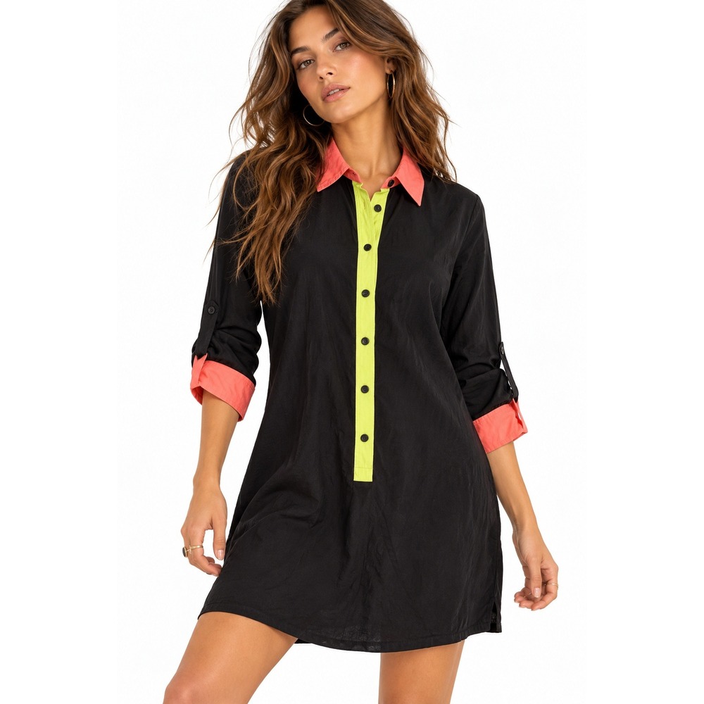 Bianca Nygard Silk Shirt Dress sz 12 Black Coral Neon Yellow Roll Tab